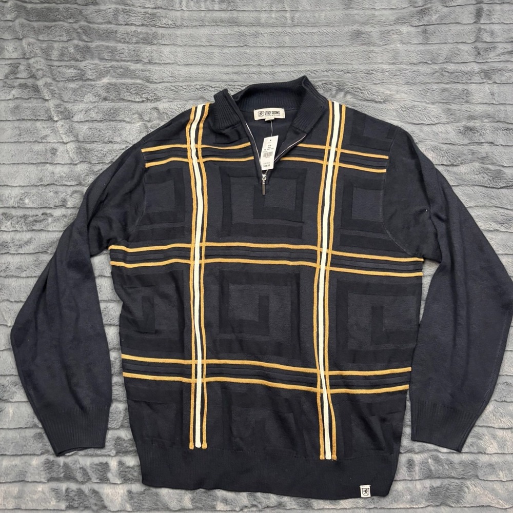 Stacy Adams Mens XL Navy Blue Geometric Quarter Zip Sweater Gold Stripe 61350